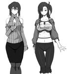  breasts cleavage clothes_writing commentary_request crop_top detached_sleeves english fue_(rhomphair) greyscale large_breasts long_hair looking_at_viewer meme_attire midriff monochrome multiple_girls navel one_side_up open-chest_sweater pantyhose pencil_skirt ribbed_sweater short_hair skirt smile sweater thigh_gap turtleneck 