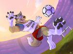  2016 anthro arctic_wolf ball black_pawpads blue_eyes brown_fur canine claws clothed clothing detailed_background digital_media_(artwork) drooling eyewear fifa fur goggles male mammal mascot pawpads paws russia russian saliva shirt shorts smile soccer soccer_ball solaxe solo sport tongue tongue_out white_fur wolf world_cup zabivaka 