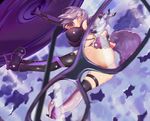  armor armored_boots armored_dress bare_shoulders bent_over black_legwear blush boots breasts cloud denden_taiko dutch_angle elbow_gloves eyewear_view fate/grand_order fate_(series) flying fur_trim glasses gloves high_heels huge_breasts looking_at_viewer mash_kyrielight midair purple_eyes purple_hair shield short_hair skindentation sky smile solo tail thighhighs thighs wolf_tail x-ray_glasses x-ray_vision 
