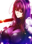  armor blush bodysuit breasts closed_mouth fate/grand_order fate_(series) holding holding_staff large_breasts long_hair looking_at_viewer purple_bodysuit purple_eyes red_eyes scathach_(fate)_(all) scathach_(fate/grand_order) shiny shoulder_pads skin_tight solo staff upper_body zucchini 