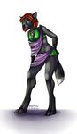  anthro black_nose breasts brown_hair canine clothed clothing digitigrade eam0 female fur grey_fur hair jewelry mammal midriff navel necklace orange_hair simple_background solo standing white_background wide_hips wolf 