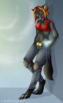  amber_eyes anthro blonde_hair breasts canine clothed clothing digitigrade eam0 ear_piercing female fur gradient_background grey_fur hair looking_at_viewer mammal midriff navel piercing red_hair simple_background solo wolf 