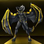  4_toes 5_fingers anthro breasts canine digitigrade eam0 featureless_breasts female gradient_background grey_nose hair mammal membranous_wings nude pussy simple_background smile solo standing teeth toes white_hair wings wolf yellow_eyes 