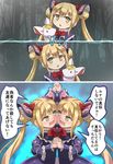  3koma bow comic commentary_request double_bun dual_persona gameplay_mechanics green_eyes hair_bow highres light_brown_hair long_hair looking_at_viewer luna_(shadowverse) multiple_girls nichika_(nitikapo) shadowverse tears translated twintails vs 