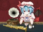  bat_wings blue_hair chin_rest gochou_(atemonai_heya) hat highres instrument phonograph red_eyes remilia_scarlet saxophone short_hair smile solo tea touhou wings wrist_cuffs 