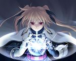  belt blonde_hair cape coat energy_ball fate_testarossa gauntlets gloves hair_ribbon long_sleeves lyrical_nanoha magical_girl mahou_shoujo_lyrical_nanoha_strikers nakayama_yukiji orb red_eyes ribbon single_gauntlet single_glove solo twintails 