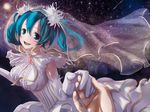  alternate_hairstyle aqua_eyes aqua_hair bride dress elbow_gloves gloves hatsune_miku keepout night pov smile solo_focus twintails vocaloid wedding_dress white_dress white_gloves 