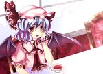  bad_id bad_pixiv_id bat_wings blue_hair cup hat red_eyes remilia_scarlet short_hair solo tea teacup touhou uranaishi_(miraura) wings 