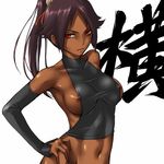  armpits bangs bleach bottomless breasts covered_nipples crop_top dark_skin elbow_gloves fingerless_gloves gloves hair_ribbon halter_top halterneck large_breasts long_hair midriff mosha naughty_face navel nipple_slip nipples no_bra parted_bangs ponytail purple_hair red_eyes ribbon shihouin_yoruichi shiny shiny_skin simple_background skin_tight slit_pupils smile solo translated upper_body 