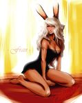 animal_ears artist_request bad_feet barefoot black_dress breasts bunny_ears cleavage dark_skin dress feet final_fantasy final_fantasy_xii fran large_breasts lingerie long_hair open_mouth soles solo toes underwear viera white_hair 