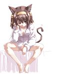  animal_ears barefoot bottomless breasts brown_eyes brown_hair cat_ears cleavage dress_shirt feet medium_breasts naked_shirt shirt short_hair sketch solo suzumiya_haruhi suzumiya_haruhi_no_yuuutsu tail tokyo_(great_akuta) 