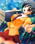  absurdres copyright_request highres misakura_nankotsu necktie open_mouth plaid plaid_neckwear plaid_skirt pointing pointing_at_viewer red_eyes skirt solo thighhighs 