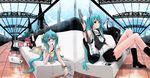  :o bespectacled blue_hair blue_nails blush boots casual couch digital_media_player dual_persona earphones earphones_removed glasses guitar hatsune_miku headphones headphones_around_neck highres instrument ipod long_hair lying mille_(dieci) nail_polish notebook on_stomach perspective shorts sitting smile stratocaster twintails vocaloid 
