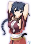  animal_ears arms_behind_head arms_up becomes-lazy blue_eyes blue_hair braid breasts cat_ears chain collar karura_(utawareru_mono) large_breasts long_hair looking_at_viewer metal_collar ponytail sash sideboob single_braid smile solo tail tail_wrap utawareru_mono 