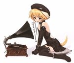  animal_ears bare_shoulders beret black_gloves black_legwear blonde_hair blush boots collar dog_ears dog_tail elbow_gloves fine_art_parody gloves hat his_master's_voice miniskirt open_mouth parody phonograph pillow record refeia short_hair sitting skirt solo tail thighhighs translated zettai_ryouiki zipper 