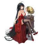  1girl absurdly_long_hair ahoge animal azur_lane bare_shoulders black_cat black_legwear breasts cat choker cleavage collarbone commentary_request cup dress drinking_glass full_body garter_straps hair_between_eyes hair_ornament high_heels holding holding_cup large_breasts legs_crossed long_dress long_hair looking_at_viewer mr_cloud official_art on_chair open_mouth phonograph red_choker red_dress red_eyes red_footwear simple_background sitting skirt_hold solo taihou_(kantai_collection) thighhighs very_long_hair white_background wine_glass 