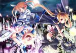  bardiche blonde_hair brown_hair fate_testarossa gloves long_hair lyrical_nanoha magic_circle mahou_shoujo_lyrical_nanoha mahou_shoujo_lyrical_nanoha_the_movie_1st moon multiple_girls mycstea panties polearm raising_heart red_eyes takamachi_nanoha thighhighs twintails underwear weapon xephonia 