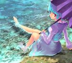  :p bad_id bad_pixiv_id barefoot blue_eyes blue_hair feet heterochromia highres kobanzame looking_back purple_umbrella red_eyes short_hair sitting soaking_feet solo tatara_kogasa tongue tongue_out touhou umbrella water 