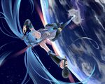  aqua_eyes aqua_hair detached_sleeves earth hatsune_miku hikariz legs long_hair microphone necktie one_eye_closed orbit skirt solo space thighhighs twintails very_long_hair vocaloid zettai_ryouiki 