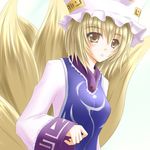  blonde_hair brooch dress eyebrows_visible_through_hair gem hat jewelry long_sleeves lowres mob_cap multiple_tails ofuda pillow_hat shirotsuki_kouta short_hair simple_background solo tabard tail tassel touhou white_background white_dress wide_sleeves yakumo_ran 