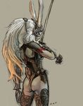  animal_ears armor ass bunny_ears final_fantasy final_fantasy_xii fran lips nekkeau ponytail red_eyes solo sword viera weapon white_hair 