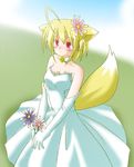  ahoge animal_ears blonde_hair blush blushing bride collar dress elbow_gloves flower flowers fox_ears gloves kitsunemimi red_eyes short_hair wedding_dress 