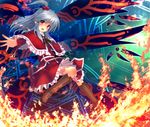  bad_id bad_pixiv_id blue_hair blush boots eho_(icbm) fire hair_bobbles hair_ornament highres magic_circle mystic_square red_eyes shinki side_ponytail solo touhou touhou_(pc-98) wings 