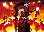  &gt;o&lt; 2009 amami_haruka amplifier background_text blush_stickers chibi closed_eyes commentary_request electric_guitar fire guitar hair_ribbon idolmaster idolmaster_(classic) instrument microphone microphone_stand miniskirt music open_mouth playing_instrument pleated_skirt ribbon riyo_(lyomsnpmp) school_uniform short_hair singing skirt solo standing 