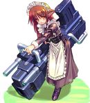  animal_ears brown_hair cat_ears copyright_request gun huge_weapon long_sleeves maid maid_headdress musumi_renga orange_eyes solo weapon weight_belt 