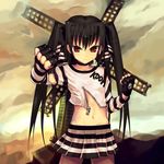  black_gloves black_hair choker fingerless_gloves flat_chest gloves highres kooh midiman midriff navel pangya punk red_eyes skirt skull solo striped striped_skirt thumbs_down twintails unzipped windmill zipper 