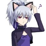  1girl ? animal_ears cat_ears darker_than_black dress female flat_chest grey_hair hair_ribbon long_sleeves lowres maroon_eyes nekomimi pettanko ponytail purple_dress purple_ribbon ribbon silver_hair simple_background solo violet_eyes white_background yin 