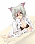  animal_ears bare_feet barefoot bra cat_ears glasses green_eyes grey_hair lingerie nekomimi open_clothes open_shirt shirt short_hair underwear white_shirt 