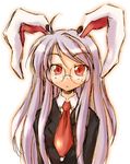  ahoge animal_ears bangs bespectacled bunny_ears business_suit eyebrows_visible_through_hair formal glasses hirasaka_makoto long_hair long_sleeves looking_at_viewer necktie purple_hair red_eyes red_neckwear reisen_udongein_inaba simple_background slit_pupils solo suit sweatdrop touhou upper_body white_background 