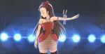  :3 backlighting bad_id bad_pixiv_id bare_shoulders black_legwear bow brown_hair bunny closed_eyes cute_&amp;_girly_(idolmaster) hair_bow highres idolmaster idolmaster_(classic) long_hair minase_iori profile ribbon solo stage stage_lights thighhighs yuki_usagi_(mofurafu) zettai_ryouiki 