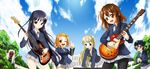  akiyama_mio bad_id bad_pixiv_id black_hair blonde_hair blue_eyes brown_eyes brown_hair cloud day drumsticks eyebrows glasses guitar hairband hat herua hirasawa_yui instrument k-on! keyboard_(instrument) kotobuki_tsumugi left-handed long_hair manabe_nodoka mask multiple_girls one_eye_closed pantyhose school_uniform short_hair sky tainaka_ritsu thumbs_up tree 