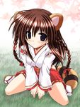  black_eyes braid brown_hair japanese_clothes long_hair miko plait raccoongirl tabi tanukimimi twin_tails 