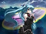  aqua_eyes aqua_hair bad_id bad_pixiv_id black_dress cityscape clock cloud detached_sleeves dress gan_(shanimuni) hatsune_miku long_hair night smile solo tears twintails very_long_hair vocaloid 