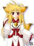  ahoge animal_ears bell blonde_hair bow fate_testarossa fox_ears japanese_clothes jewelry kitsunemimi long_hair lyrical_nanoha magical_girl_lyrical_nanoha mahou_shoujo_lyrical_nanoha miko necklace red_eyes tail twin_tails twintails 