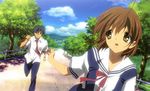  1girl absurdres antenna_hair bag blue_eyes blue_hair brown_eyes brown_hair clannad cloud day detexted dress_shirt emblem furukawa_nagisa highres hikarizaka_private_high_school_uniform holding kawanami_eisaku necktie official_art okazaki_tomoya open_mouth outdoors pants path ribbon road running school_bag school_uniform serafuku shirt shoes short_hair short_sleeves standing third-party_edit tree 