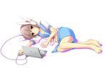  bad_id bad_pixiv_id barefoot bunny_headphones computer error feet headphones highres kita_high_school_uniform laptop lying midriff mouse_(computer) nagato_yuki navel on_side purple_eyes purple_hair sarekoube school_uniform serafuku short_hair skirt solo suzumiya_haruhi_no_yuuutsu wrong_feet 