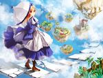  alice_(wonderland) alice_in_wonderland bad_id bad_pixiv_id blonde_hair boots day dress fence floating_island long_hair looking_back parasol red_eyes sky smile solo umbrella ushi_(newrein) 