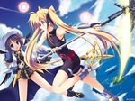  bardiche blonde_hair blue_eyes brown_hair energy_blade fate_testarossa gloves kouzuki_hajime long_hair lyrical_nanoha mahou_shoujo_lyrical_nanoha mahou_shoujo_lyrical_nanoha_a's multiple_girls red_eyes ribbon schwertkreuz scythe short_hair staff twintails very_long_hair wings yagami_hayate 