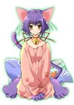  amber_eyes animal_ears bell bow cat_ears gloves highres nekomimi pajamas purple_hair pyjamas ribbon short_hair toy yellow_eyes 