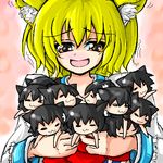  :d =_= animal_ears black_hair blonde_hair blush breasts carrying cat_ears chen chibi closed_eyes fox_ears kurinton lowres motion_lines open_mouth small_breasts smile solo too_many touhou trembling upper_body yakumo_ran 