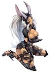  animal_ears armor black_nails breasts bunny_ears cleavage dark_skin final_fantasy final_fantasy_xii fran grey_eyes high_heels homare_(fool's_art) kneeling large_breasts nail_polish ponytail revealing_clothes shoes solo viera white_hair 