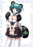  animal_ears bell blue_eyes breast_squeeze breasts green_hair kishi_nisen large_breasts one_eye_closed raccoon_ears short_hair solo tail tanuki thighhighs to_heart_2 waitress wrist_cuffs yoshioka_chie 