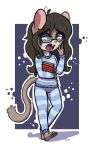  2018 aggie_(artist) anthro blue_eyes book brown_fur brown_hair buckteeth clothed clothing digital_media_(artwork) dormouse english_text eyewear female fur glasses hair holding_object mammal open_mouth pajama_pants pajama_shirt rodent simple_background solo standing teeth text tired whiskers yawn 