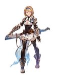  armor belt black_legwear blonde_hair boots breasts brown_eyes cleavage djeeta_(granblue_fantasy) full_body gauntlets granblue_fantasy granblue_fantasy_project_re:link hairband highres looking_at_viewer medium_breasts minaba_hideo miniskirt official_art short_hair shoulder_armor simple_background skirt smile solo standing sword thighhighs weapon white_background zettai_ryouiki 