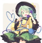  ;d beige_background bow frilled_sleeves frills green_eyes green_hair green_skirt hat hat_bow heart heart_of_string holding holding_phone index_finger_raised komeiji_koishi long_sleeves looking_at_viewer one_eye_closed open_mouth phone satou_kibi shirt short_hair sketch skirt smile solo teeth third_eye touhou wide_sleeves yellow_shirt 