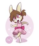  2018 aggie_(artist) anthro bow brown_hair clothed clothing cub digital_media_(artwork) dress female footprint freckles fur hair lagomorph mammal open_mouth pawprint rabbit simple_background smile solo young 